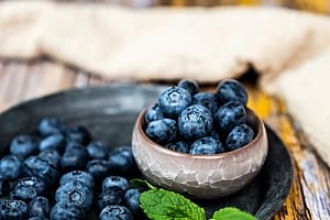 Blueberries on plate and in small ceramic bowl